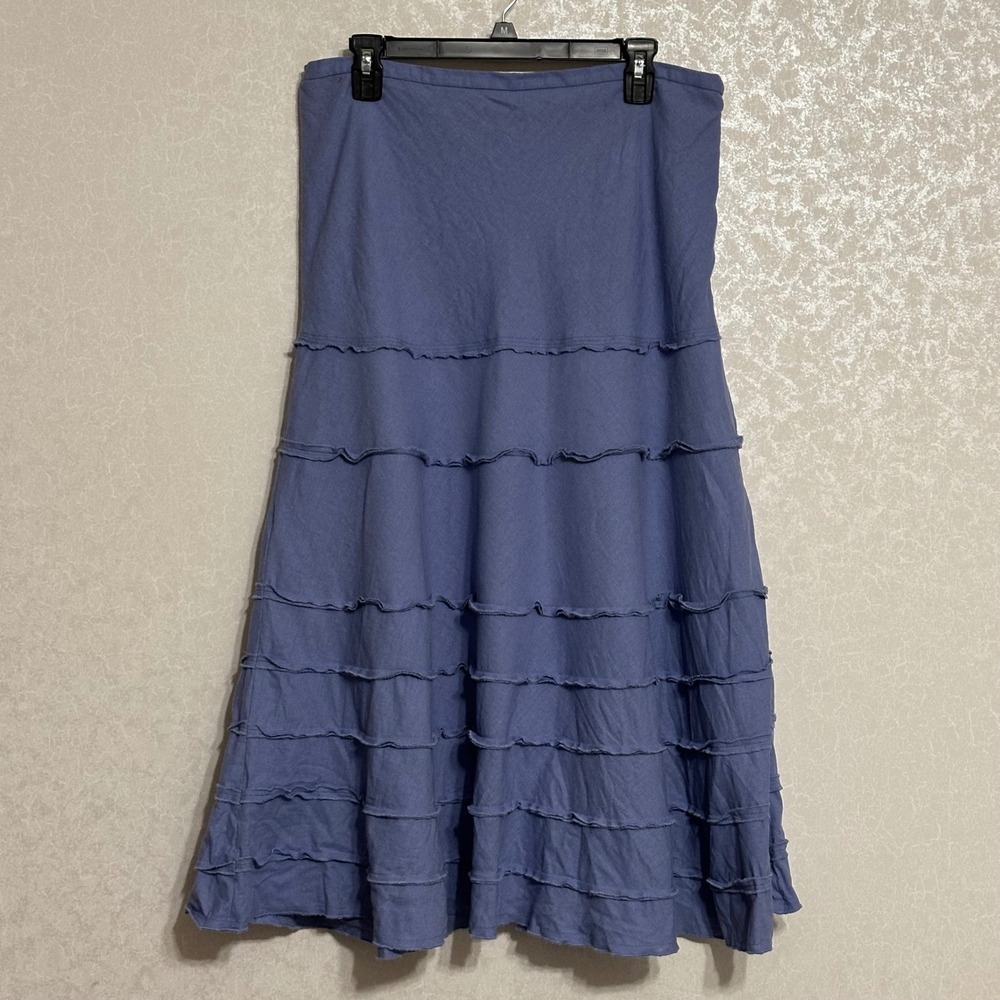 Multiples Tiered Ruffle Midi Skirt A-line Linen Blend Boho Coastal Blue Boho L